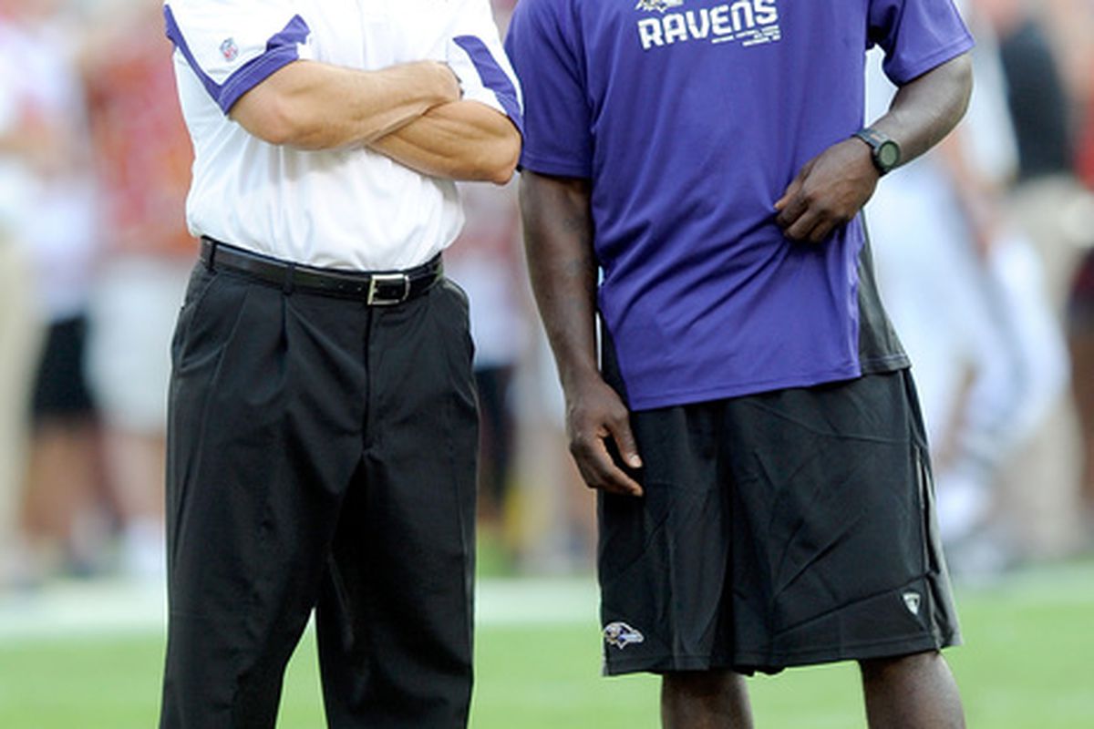 LANDOVER MD - AUGUST 21:  Head coach John Harbaugh and Ed Reed #20 of the Baltimore Ravens talk before the preseason game against the Washington Redskins at FedExField on August 21 2010 in Landover Maryland.  (Photo by Greg Fiume/Getty Images)