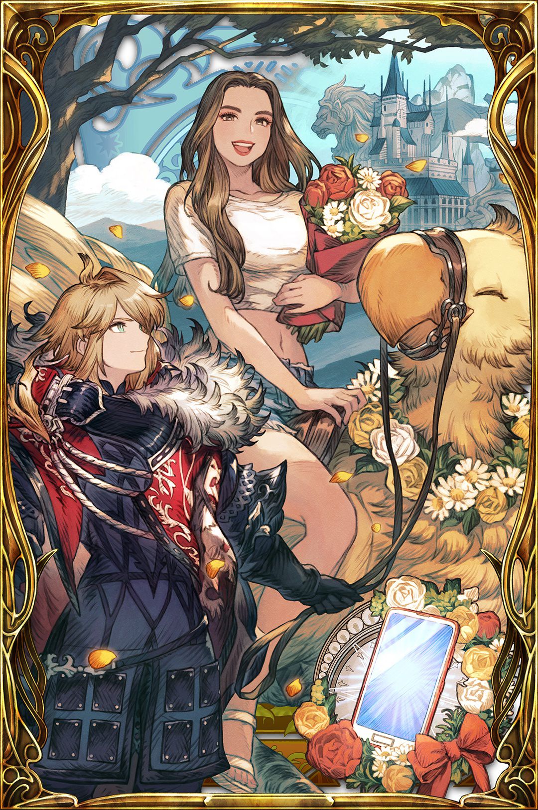 Card art of Addison Rae in War of the Visions: Final Fantasy Brave Exvius. She is wearing a crop top and holding a bouquet of flowers while riding a Chocobo. Another character in the bottom left looks up at her.