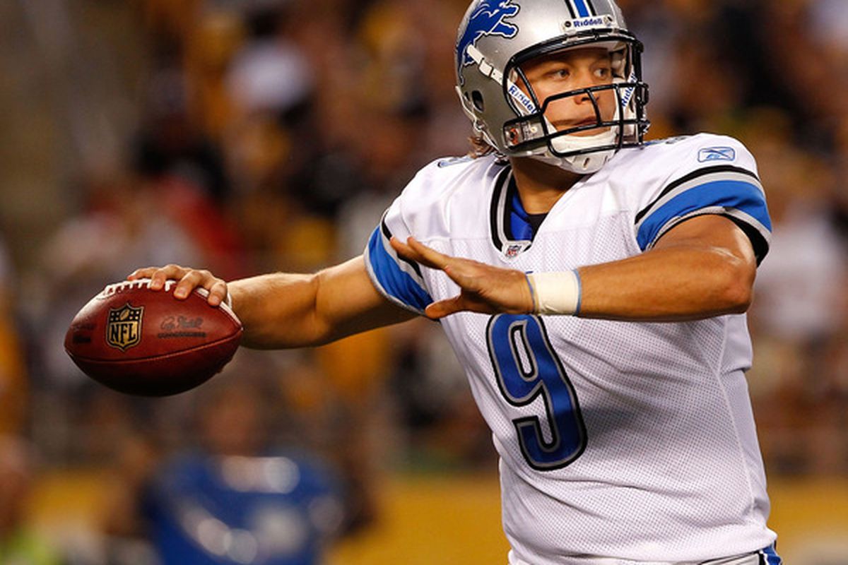 PITTSBURGH - AUGUST 14:  Matthew Stafford #9 of the Detroit Lions drops back to pass against the Pittsburgh Steelers during the preseason game on August 14 2010 at Heinz Field in Pittsburgh Pennsylvania.  (Photo by Jared Wickerham/Getty Images)