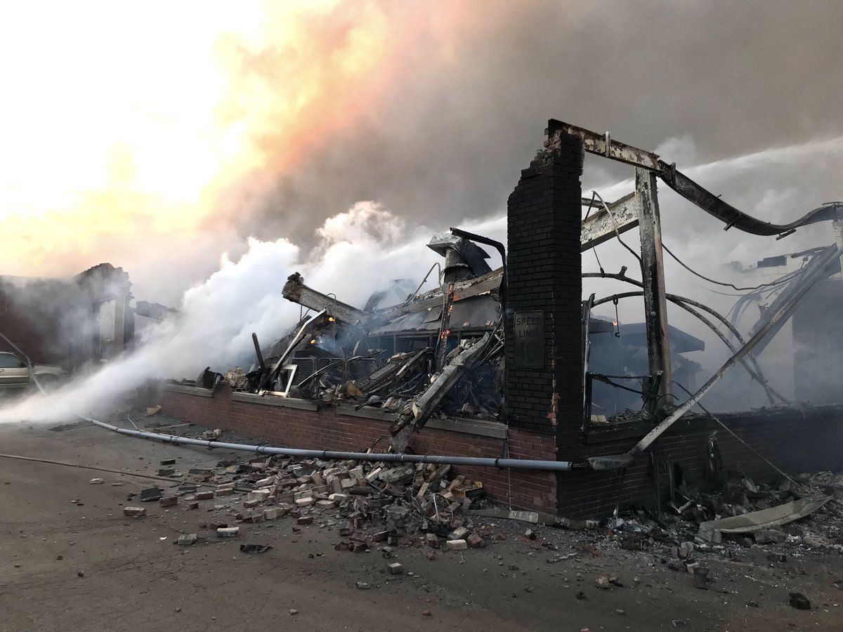 A warehouse collapsed in a fire at Newly Weds Foods in the 4100 block of West Wrightwood on April 2, 2019. | Chicago Fire Dept.