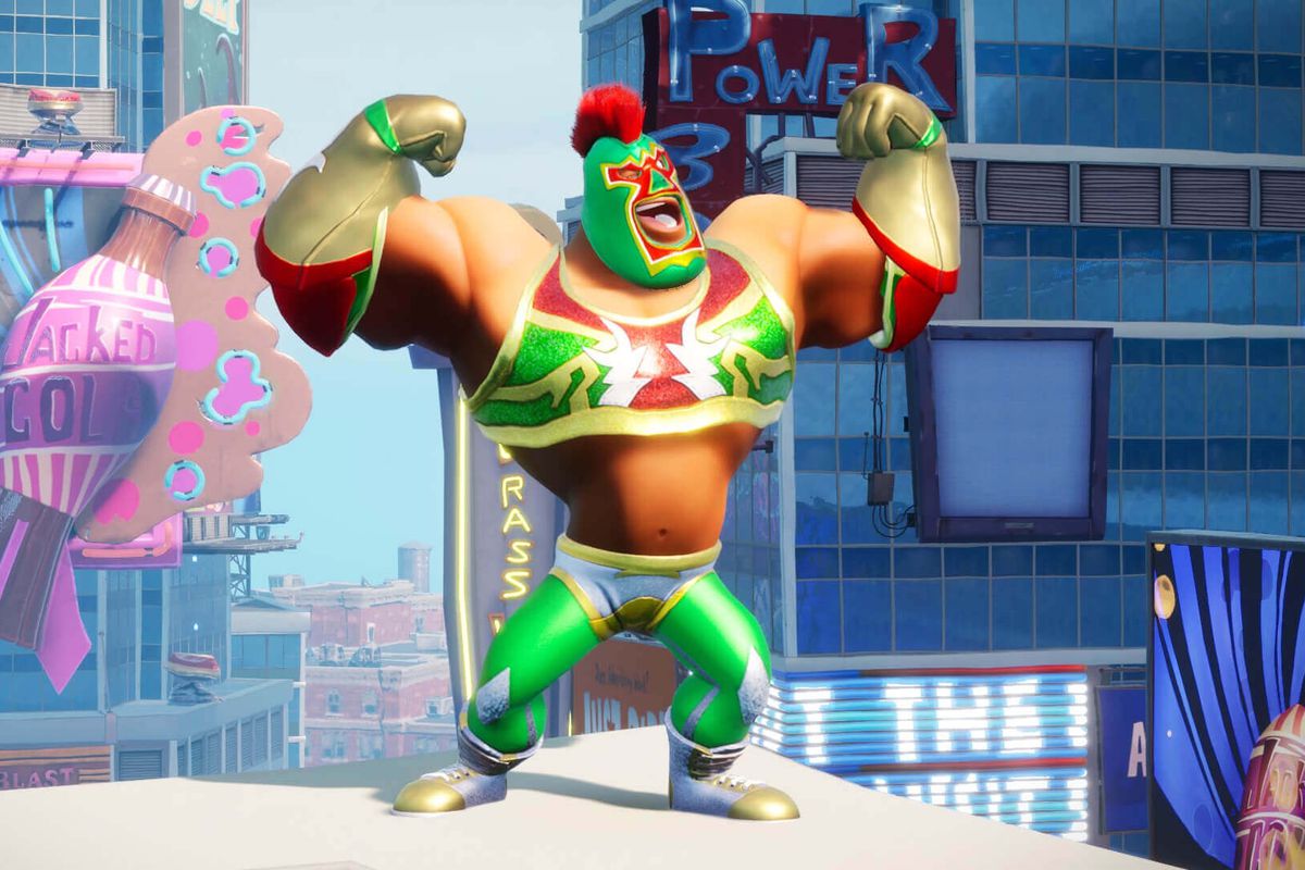 A garishly costumed pro wrestler flexes in Rumbleverse; he is wearing a gold crop top, green trunks, and a luchador mask that looks like a chicken’s head