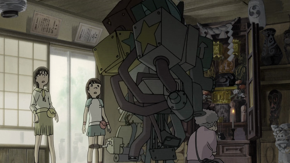 Yūko Okonogi and Fumie Hashimoto gaze up at a mysterious contraption in Yūko’s grandmother’s house in Den-noh Coil.