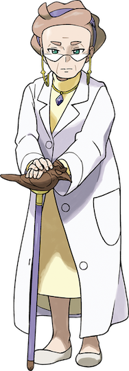 La profesora Magnolia lleva un vestido recto amarillo y una bata de laboratorio completamente abotonada.  Ella está sosteniendo un bastón con mango de cabeza de pájaro, con ambas manos.
