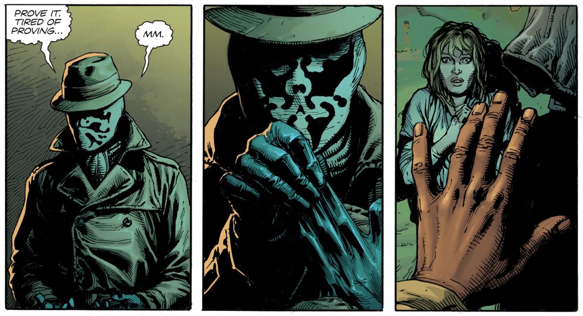 Rorschach reveals he is actually the second Rorschach, and a black man, to the Marionette in Doomsday Clock (2017), DC Comics.