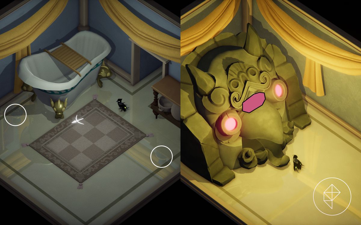 A split image of a bathroom with shiny floors on the left and a magic shrine on the right.