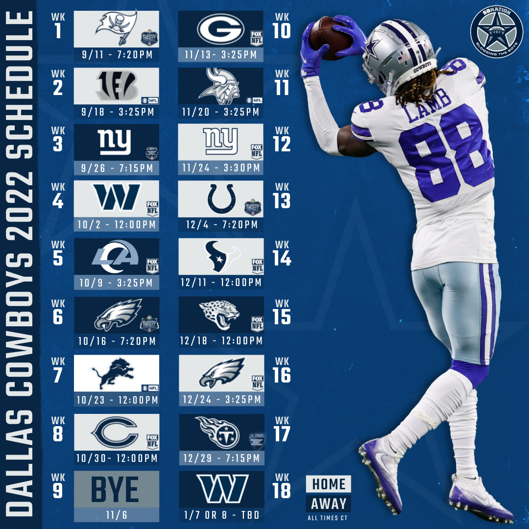 2022 Dallas Cowboys schedule: Date, times, bye week for upcoming season -  Blogging The Boys