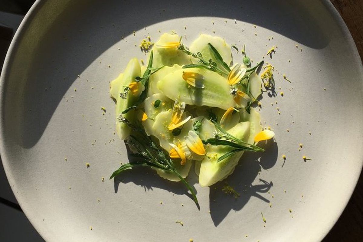 Heirloom cucumber, dill pollen and elderflower vinegar from Through the Woods, a Crouch End supper club in London