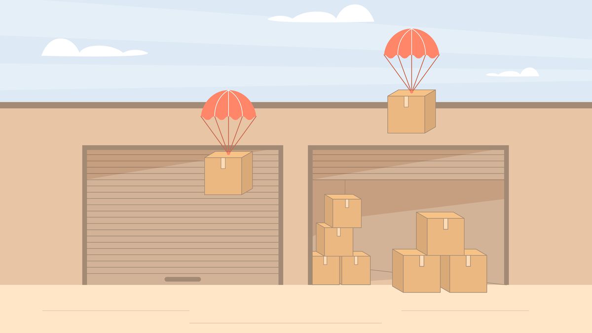 An illustration of small parachutes attached to packages descending on a warehouse.