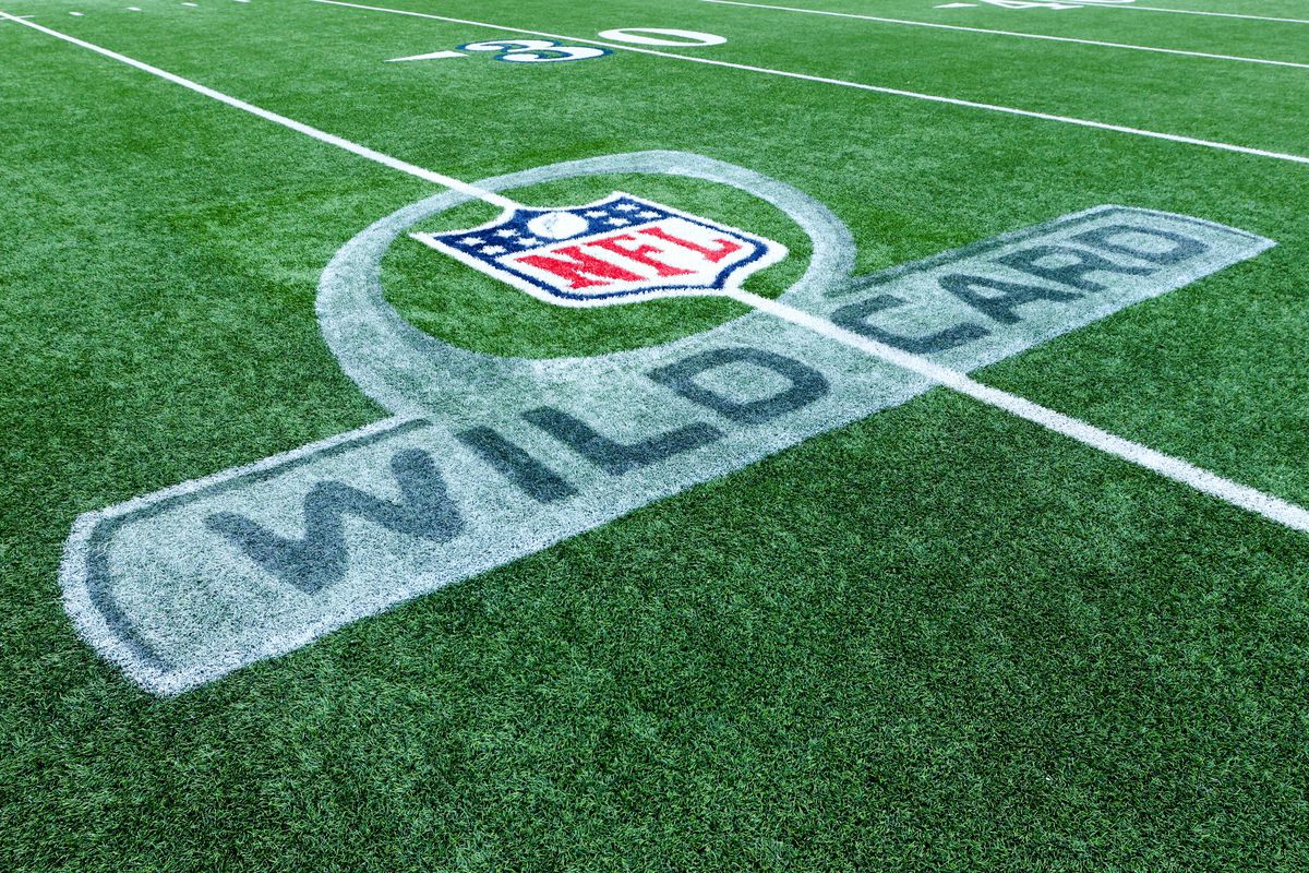 The NFL wild card logo is seen on the field prior to a game between the Miami Dolphins and Buffalo Bills in the AFC Wild Card playoff game at Highmark Stadium on January 15, 2023 in Orchard Park, New York.
