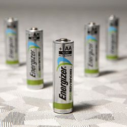 This Monday, Feb. 2, 2015 photo shows examples of new Energizer EcoAdvanced batteries, at the company's headquarters in St. Louis. Energizer EcoAdvanced is expected in stores this week and are being touted as the first AA and AAA batteries made in part from recycled batteries. 