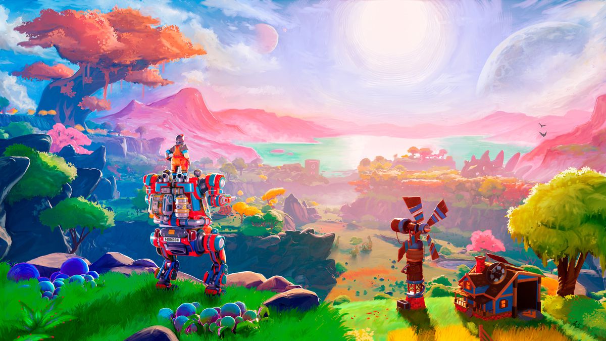 A mech surveys a colorful countryside in the Lightyear Frontier