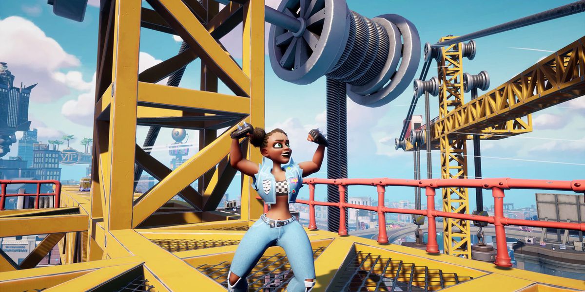 A RumbleVerse player in a cutoff denim jacket flexes at a construction site