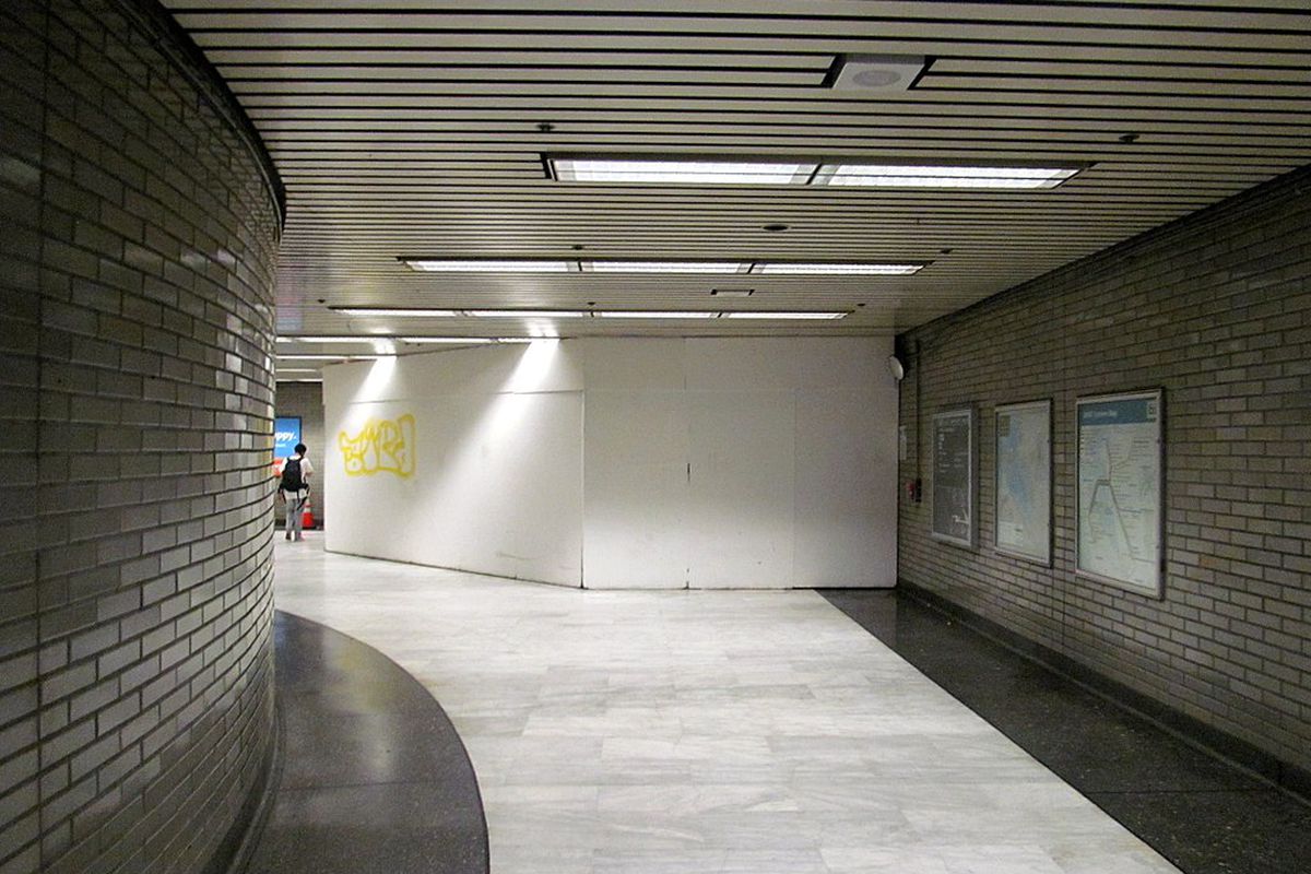 An empty corridor at Civic Center Station.