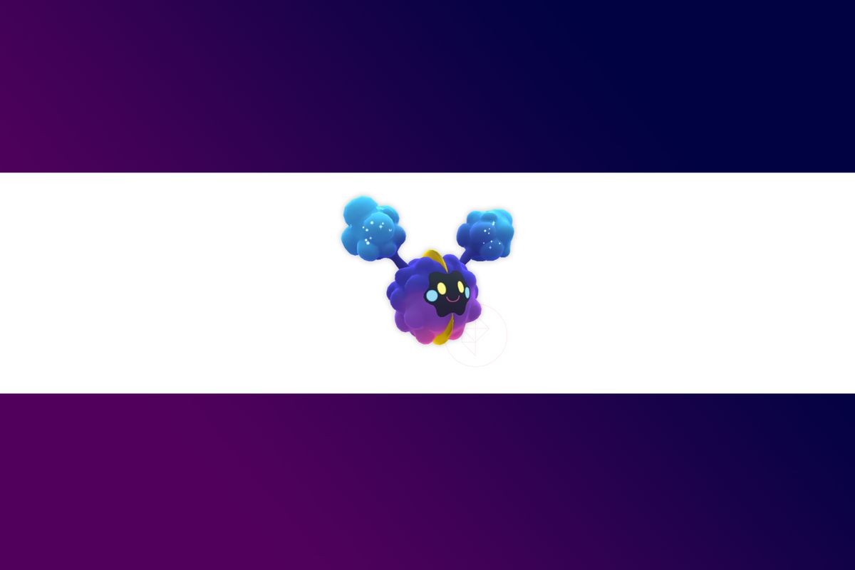 Cosmog, a puffy Pokémon with galaxy print, over a white stripe on a purple gradient background