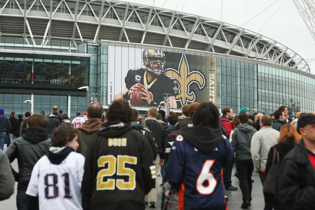 LONDON, England - Fans and spectators get ready for pregame ceremonies ahead of the Bridgestone International Series NFL game between the San Diego Chargers and New Orleans Saints at Wembly Stadium.