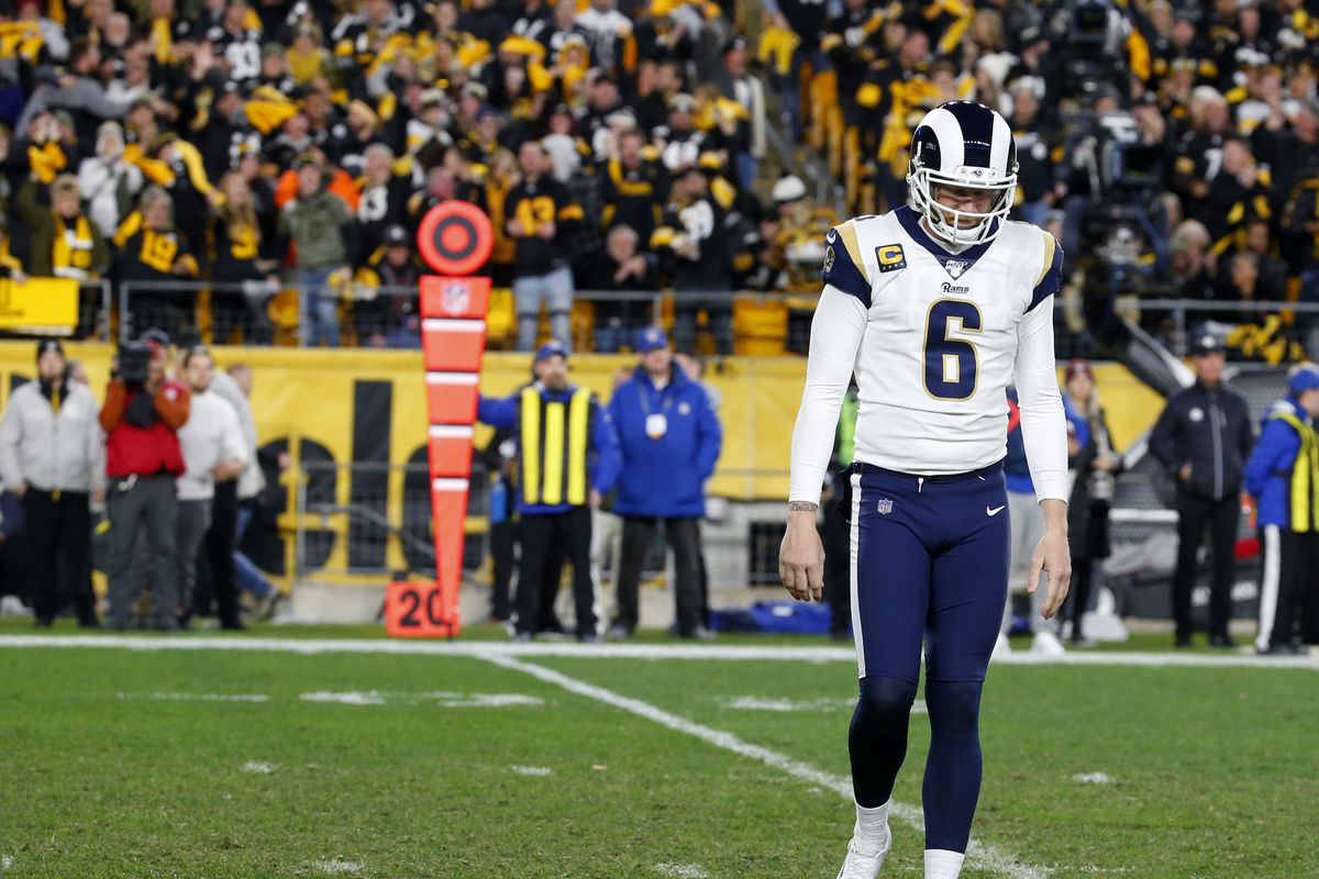 Los Angeles Rams P Johnny Hekker walks off the field at Heinz Field after throwing an interception in the second half against the Pittsburgh Steelers in Week 10, Nov. 10, 2019.
