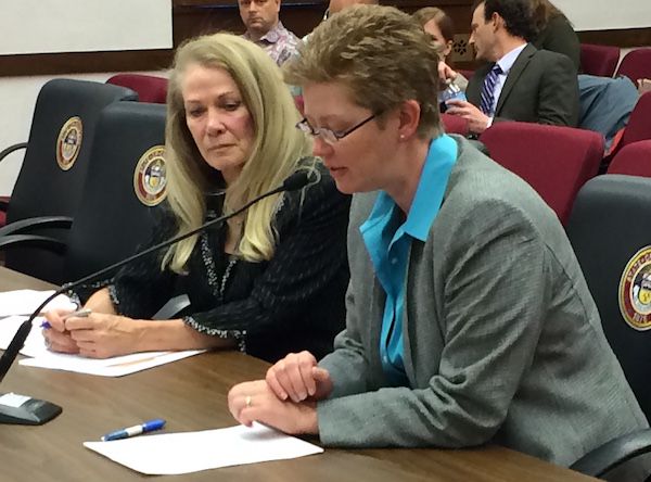 Colorado Education Association President Kerrie Dallman (right) spoke in support of a bill to eliminate ninth grade tests. Sponsor Sen. Vicki Marble, R-Fort Collins, is at left.