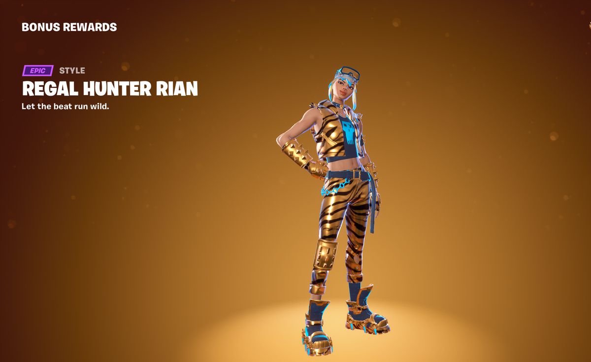Rian from Fortnite in a golden, shiny, tiger-print outfit