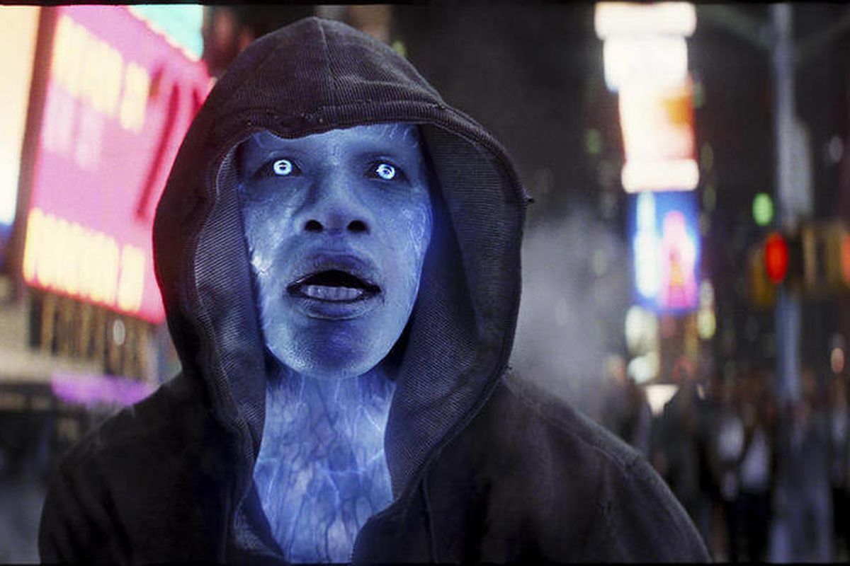 This photo provided by Sony Pictures shows Jamie Foxx as Electro in Columbia Pictures’ “The Amazing Spider-Man 2.”