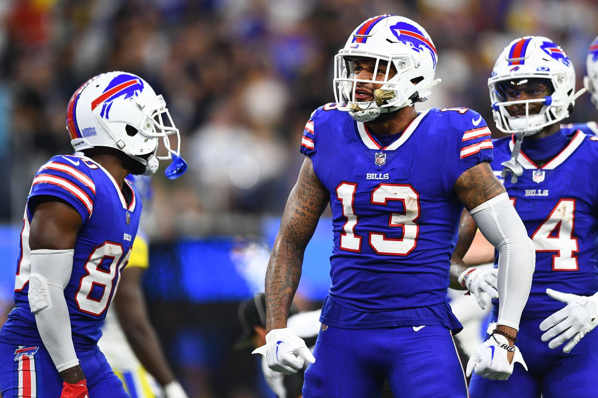 Buffalo Bills wide receiver Gabe Davis (13) celebrates during the NFL game between the Buffalo Bills and the Los Angeles Rams on September 8, 2022, at SoFi Stadium in Inglewood, CA.