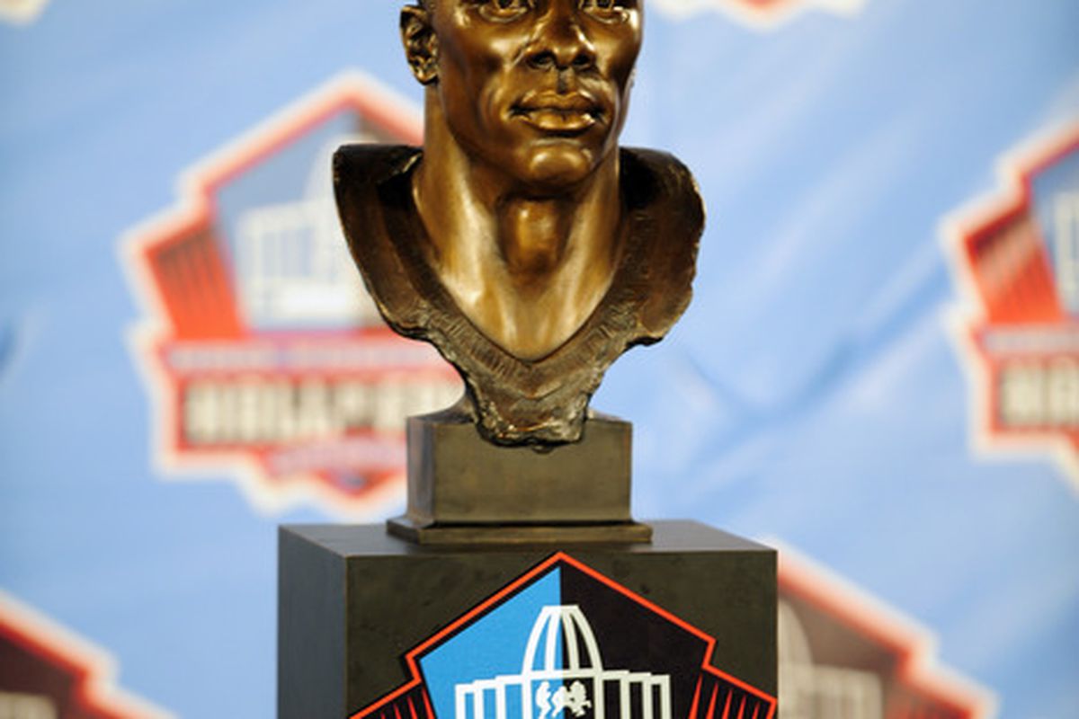 CANTON, OH - AUGUST 6:  The bust of former Denver Broncos tight end Shannon Sharp at the Enshrinement Ceremony for the Pro Football Hall of Fame on August 6, 2011 in Canton, Ohio.  (Photo by Jason Miller/Getty Images)