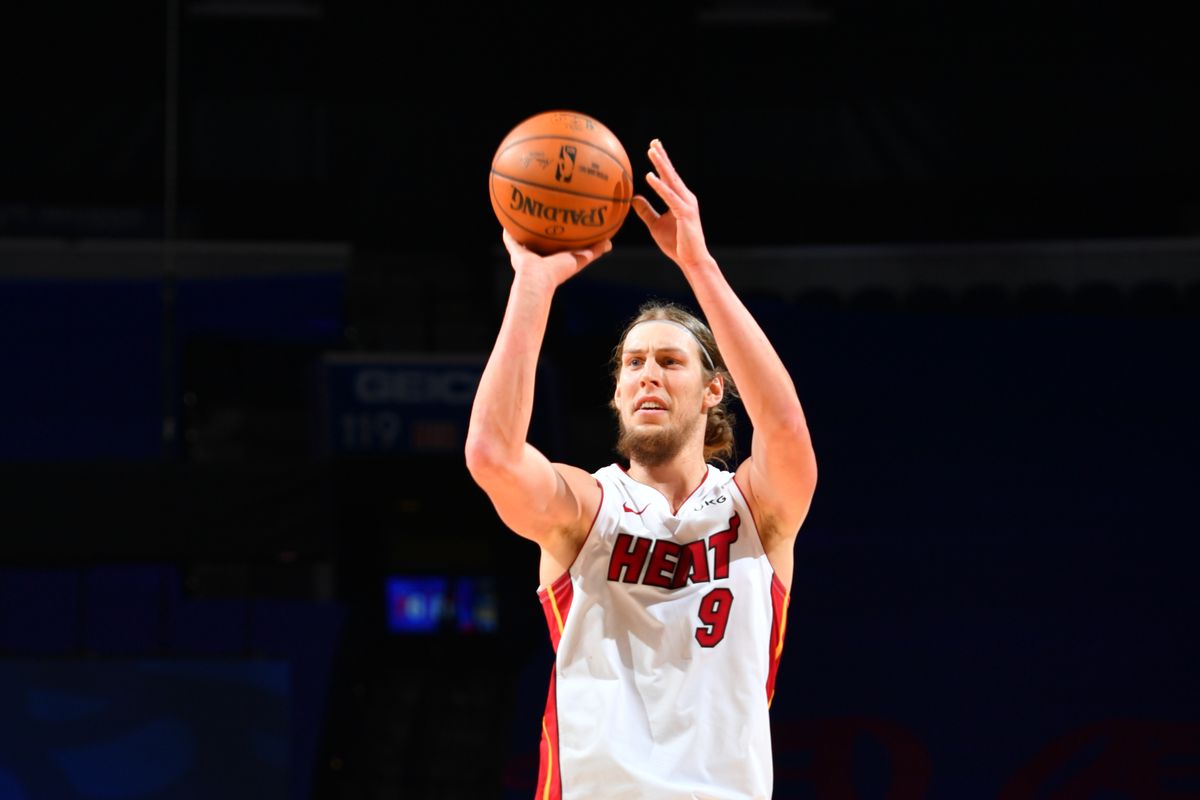 Kelly Olynyk of the Miami Heat shoots the ball during the game against the Philadelphia 76ers on January 12, 2021 at the Wells Fargo Center in Philadelphia, Pennsylvania.