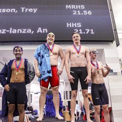 Winners of men’s 50-yard freestyle at the 6A Swimming State Championships at Brigham Young University in Provo on Saturday, Feb. 19, 2022.