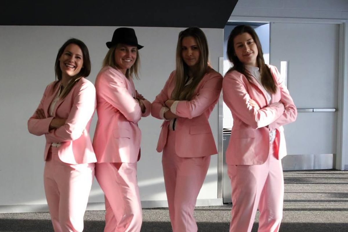 Les Canadiennes de Montréal all in pink. L-R: Melanie Desrochers, Marie-Philip Poulin, Emerance Maschmeyer, Geneviève Lacasse.