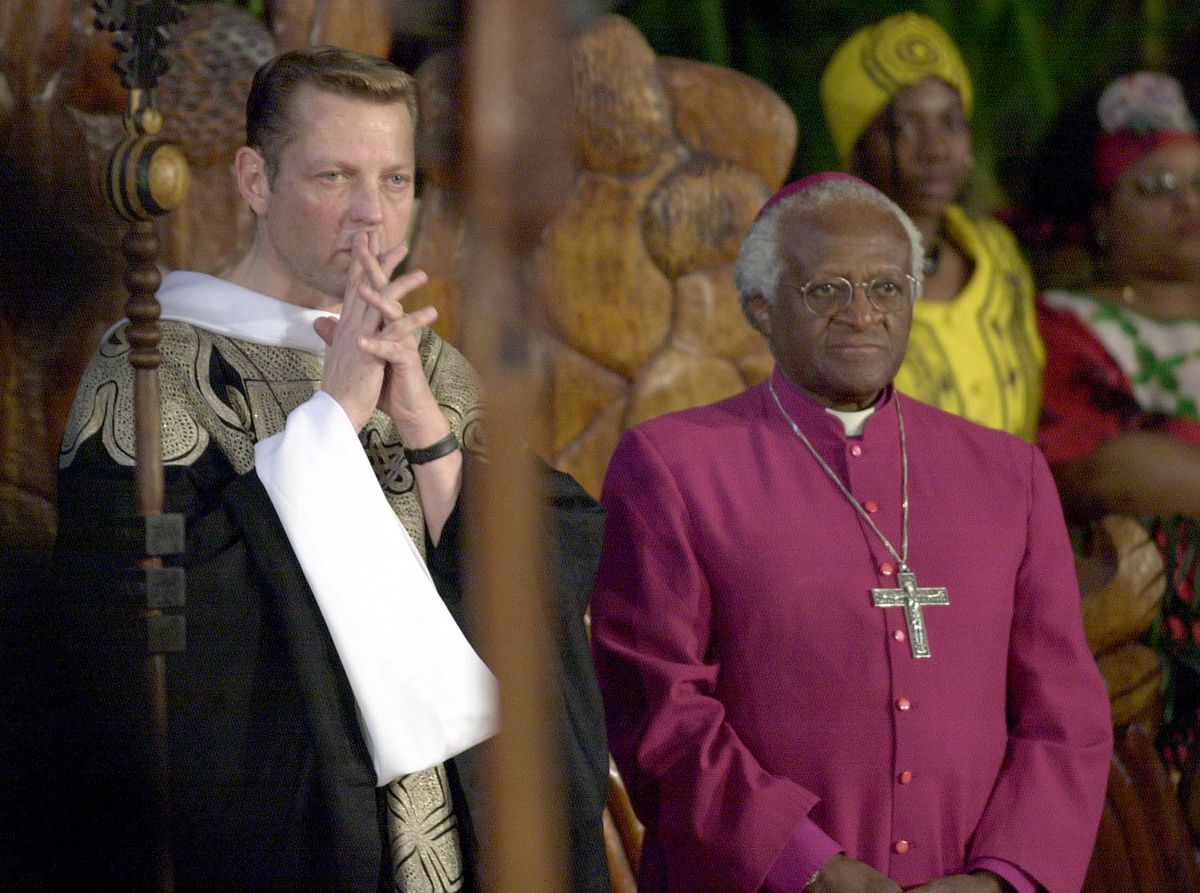 Archbishop Desmond Tutu, Nobel Peace Prize Laureate, pictured with the Rev. Michael Pfleger at St. Sabina Church in 2002.