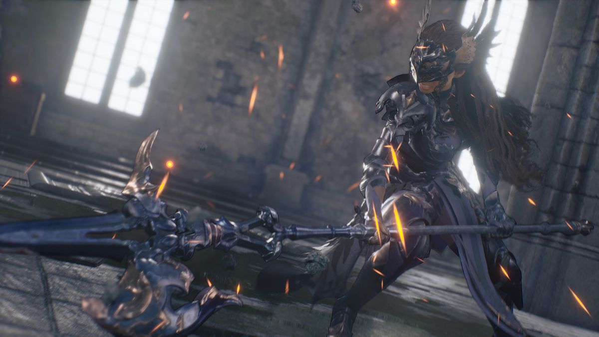 The protagonist Valkyrie slams a halberd into the ground with a magical radial attack in Valkyrie Elysium