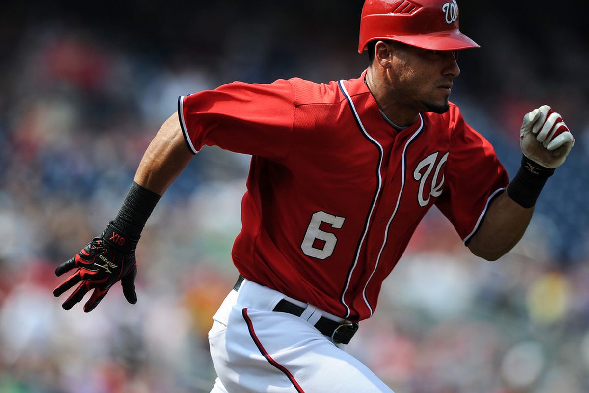 WASHINGTON, DC - SEPTEMBER 4: Ian Desmond #6 of the Washington Nationals runs to first against the New York Mets in the third inning at Nationals Park on September 4, 2011 in Washington, DC. (Photo by Patrick Smith/Getty Images)