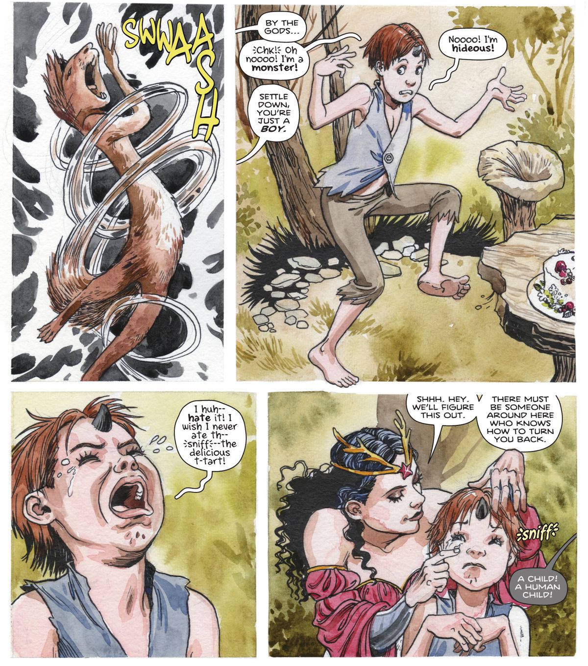 Squirrel god Ratatoskr bawls petulantly after being transformed into a young human boy. “Settle down,” Wonder Woman tells him, “YOu’re just a boy. “Nooooo!,” he wails, “I’m hideous!” in Wonder Woman #776 (2021). 