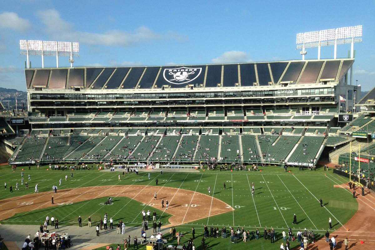 O.co coliseum in Oakland California prepared for a Raiders game