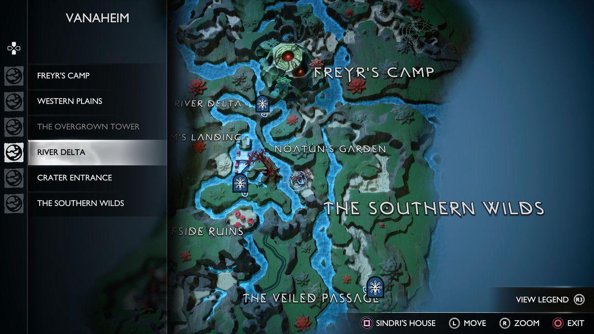 Une carte montre l'emplacement d'un combat de boss troll à Vanaheim dans God of War Ragnarok.