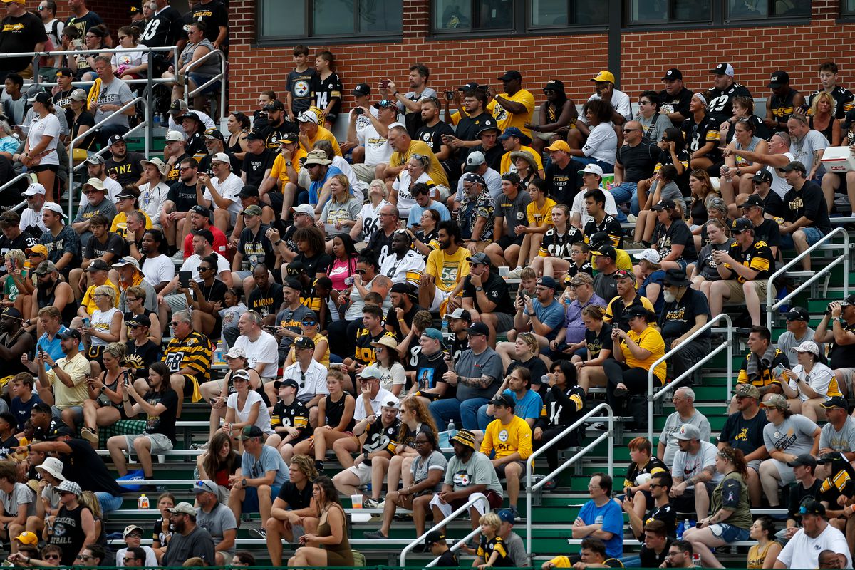A general view of fans at Chuck Noll Field during the Pittsburgh Steelers training camp at Saint Vincent College on July 29, 2023, in Latrobe, PA.
