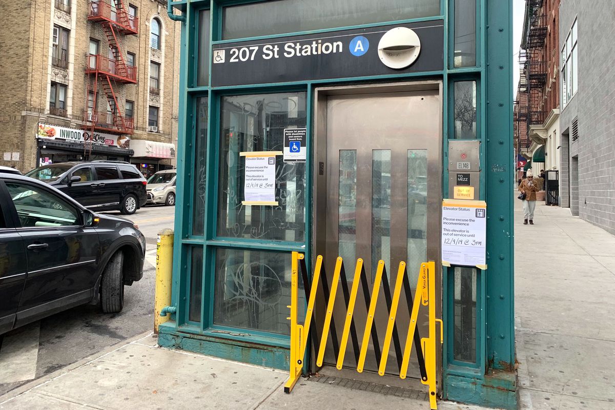 An out-of-service elevator at the 207th Street stop on the A, seen on Dec. 4, 2019. The contract for its replacement has been put on hold.