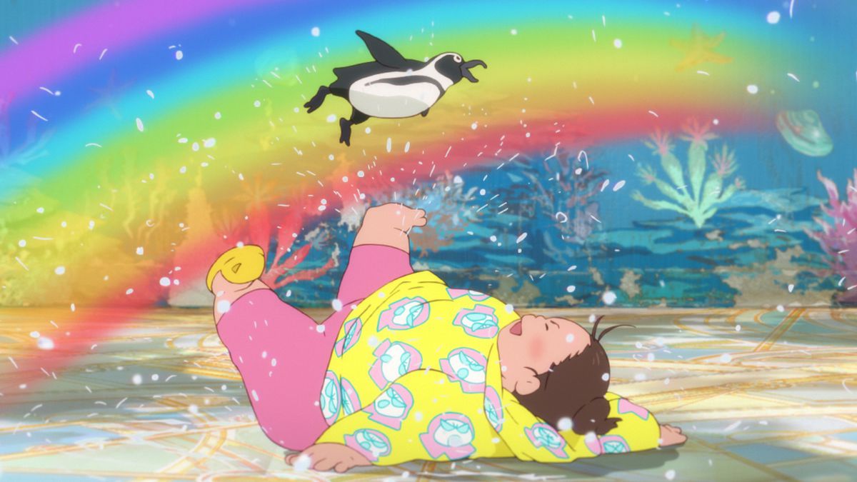 Nikuko, a fat lady in pink pants and a yellow patterned shirt, slips in water and falls on her back, as a penguin leaps through a rainbow above her, in Fortune Favors Lady Nikuko
