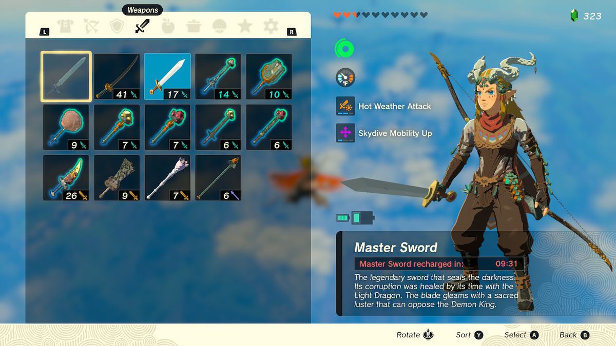 A screenshot of the weapons menu in Zelda: Tears of the Kingdom, displaying a timer on the Master Sword while it recharges its energy