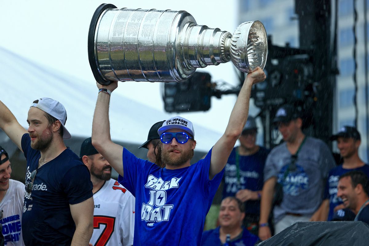 Steven Stamkos #91 of the Tampa Bay Lightning celebrates during the Stanley Cup victory rally at Julian B. Lane Riverfront Park on July 12, 2021 in Tampa, Florida.  &nbsp;  