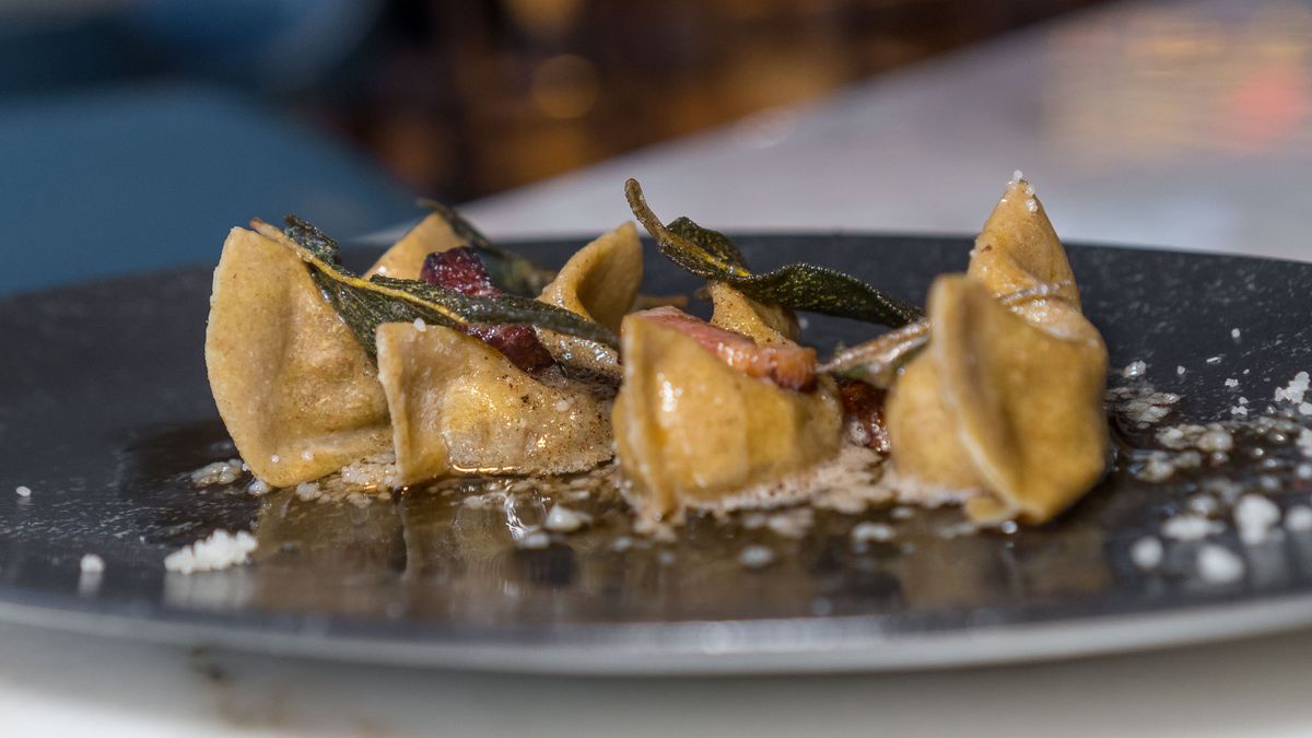 Casoncelli Bergarmascan meat-filled raviolis with amaretti cookies, raisins, sage, and pancetta from Marc Vetri
