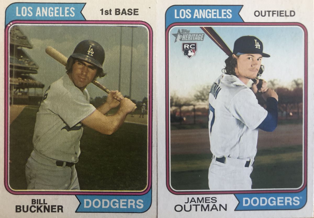 Bill Buckner’s 1974 Topps baseball card, alongside James Outman in the 2023 Topps Heritage set.