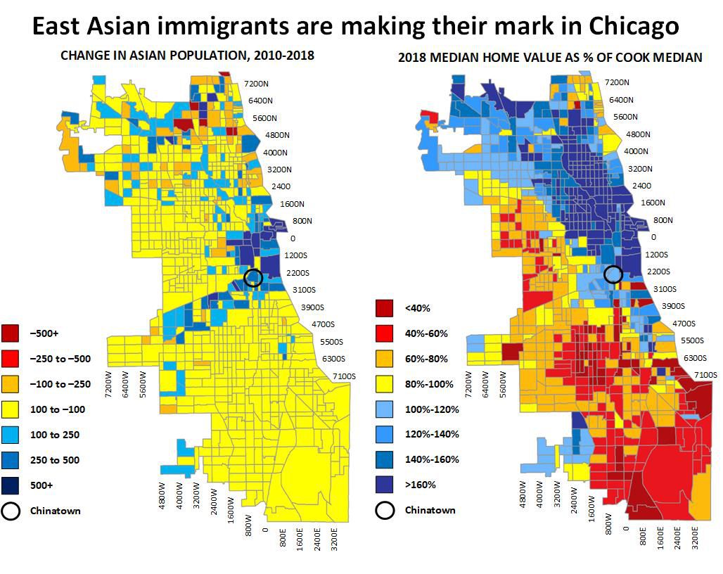 As the number of East Asian immigrants in Chicago continues to grow (left map), property values have gone up in Chinatown (right) but not so quickly as to gentrify the area out of existence, as has happened in other cities.