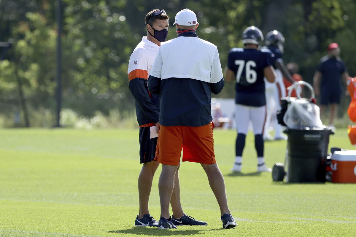Bears coach Matt Nagy (right) will hand off play-calling responsibilities to offensive coordinator Bill Lazor (left) for Monday night’s game against the Vikings at Soldier Field. Lazor called plays as offensive coordinator with the Dolphins in 2014-15 and with the Bengals in 2017 and 2018. 