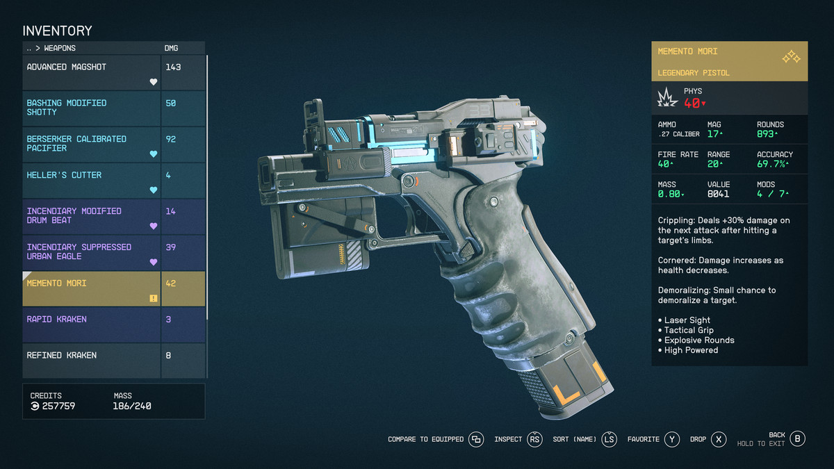 Memento Mori weapon in the inventory in Starfield