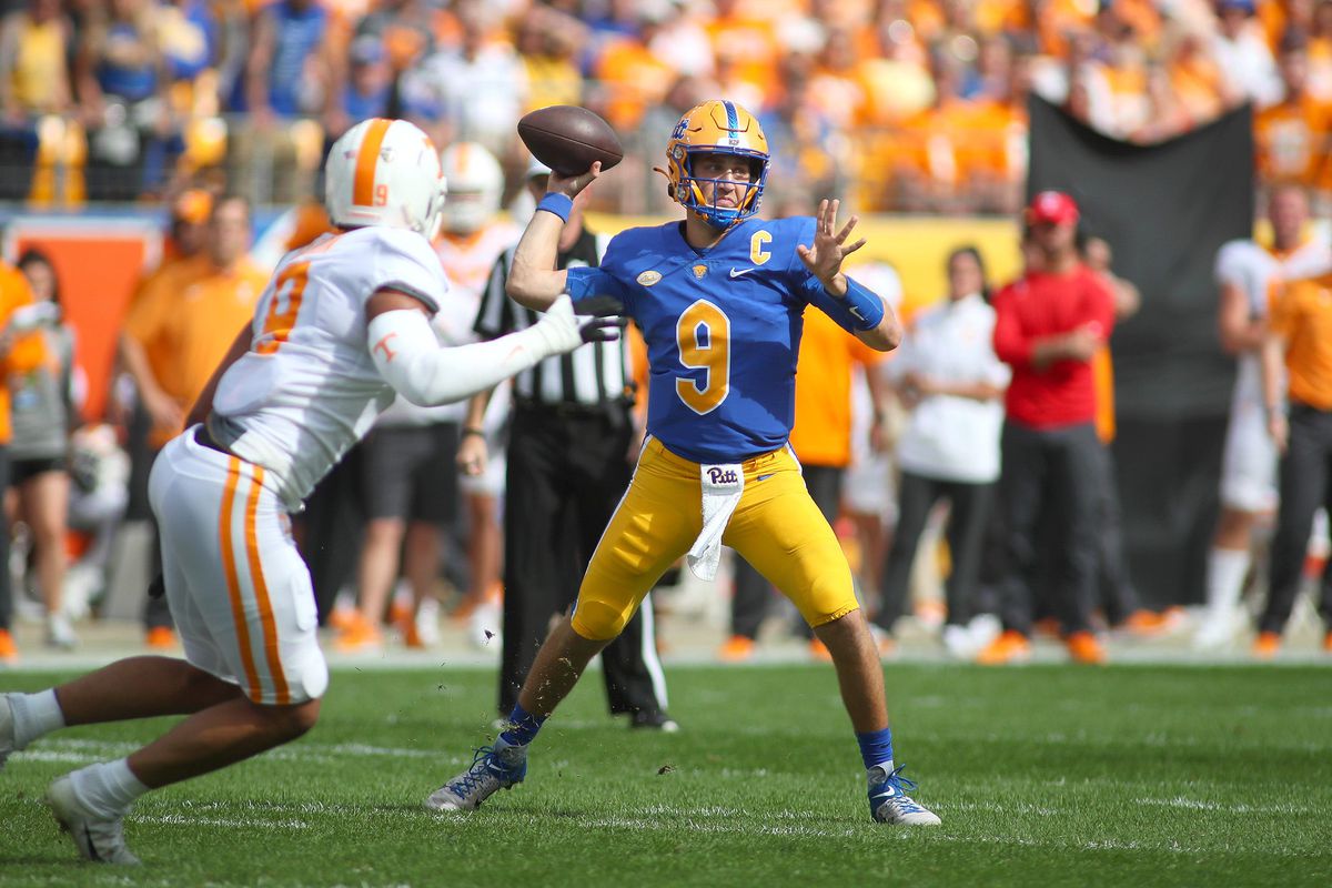Kedon Slovis of the Pittsburgh Panthers throws downfield during the first half against the Tennessee Volunteers at Acrisure Stadium in Pittsburgh, PA on September 10, 2022.