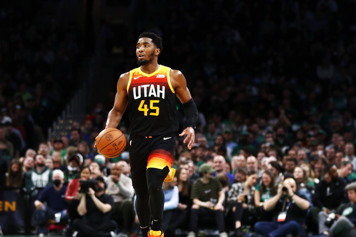 Donovan Mitchell #45 of the Utah Jazz brings the ball up court during the fourth quarter of the game against the Boston Celtics at TD Garden on March 23, 2022 in Boston, Massachusetts.