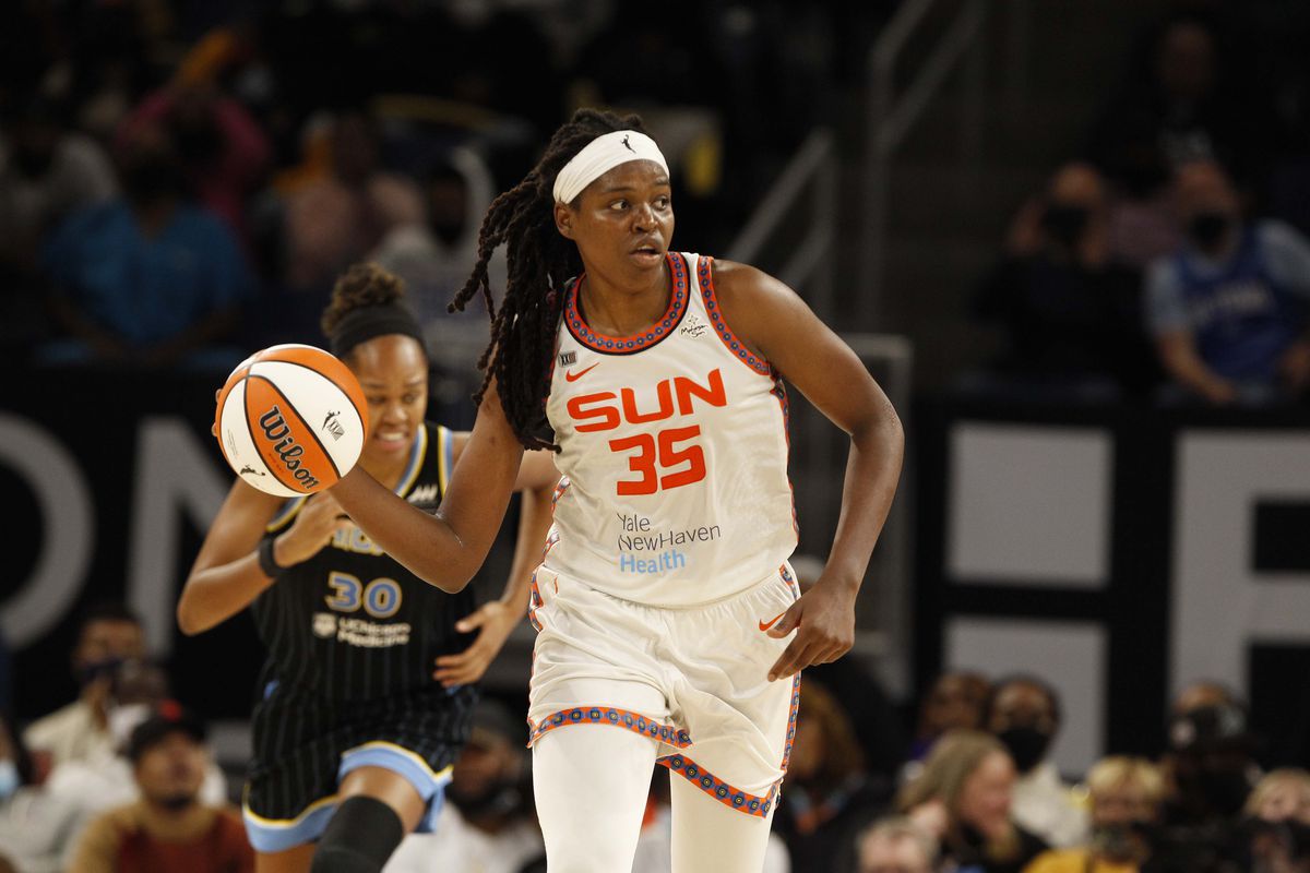 Jonquel Jones #35 of the Connecticut Sun handles the ball during the game against the Chicago Sky during Game 4 of the 2021 WNBA Semifinals on October 6, 2021 at the Wintrust Arena in Chicago, Illinois.