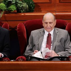 President Thomas S. Monson, center, and his counselors — President Henry B. Eyring, first counselor in the First Presidency, left, and President Dieter F. Uchtdorf, second counselor in the First Presidency in the Conference Center in Salt Lake City during the morning session of the LDS Church’s 187th Annual General Conference on Saturday, April 1, 2017.