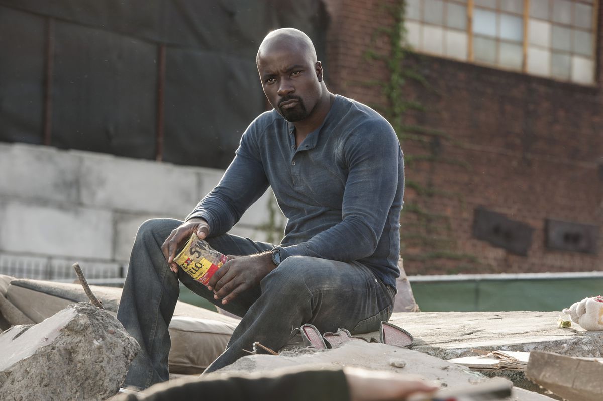 Luke Cage in the wreckage of a Harlem business in the first season of Luke Cage.