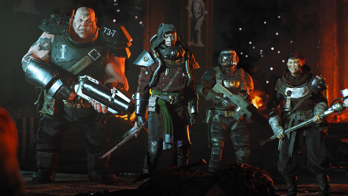 Warhammer 40K: Four character classes in Darktide, at a relatively high Trust level, standing side by side and looking into the camera